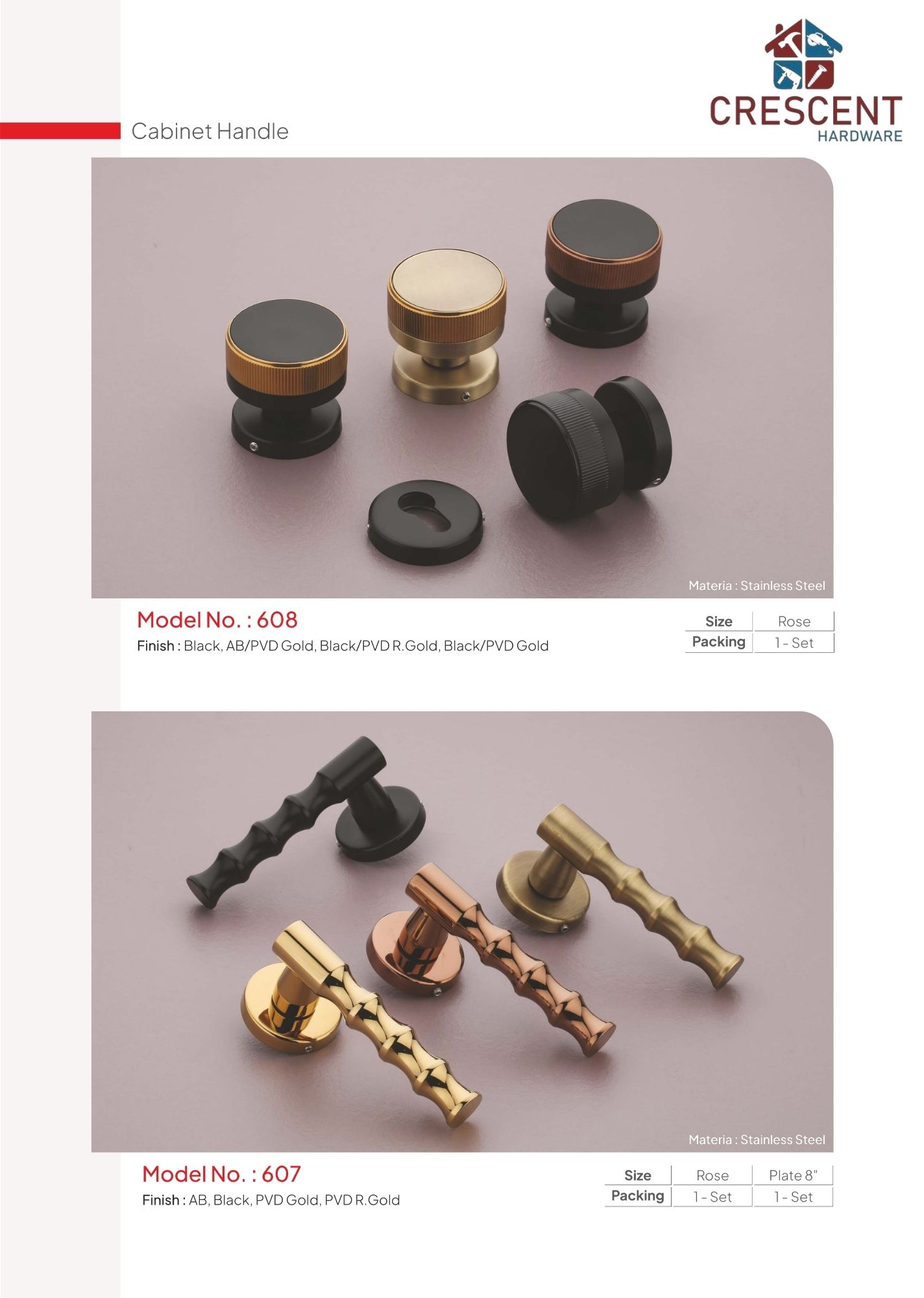 Lever Handles catalogue page - models 601 and 602