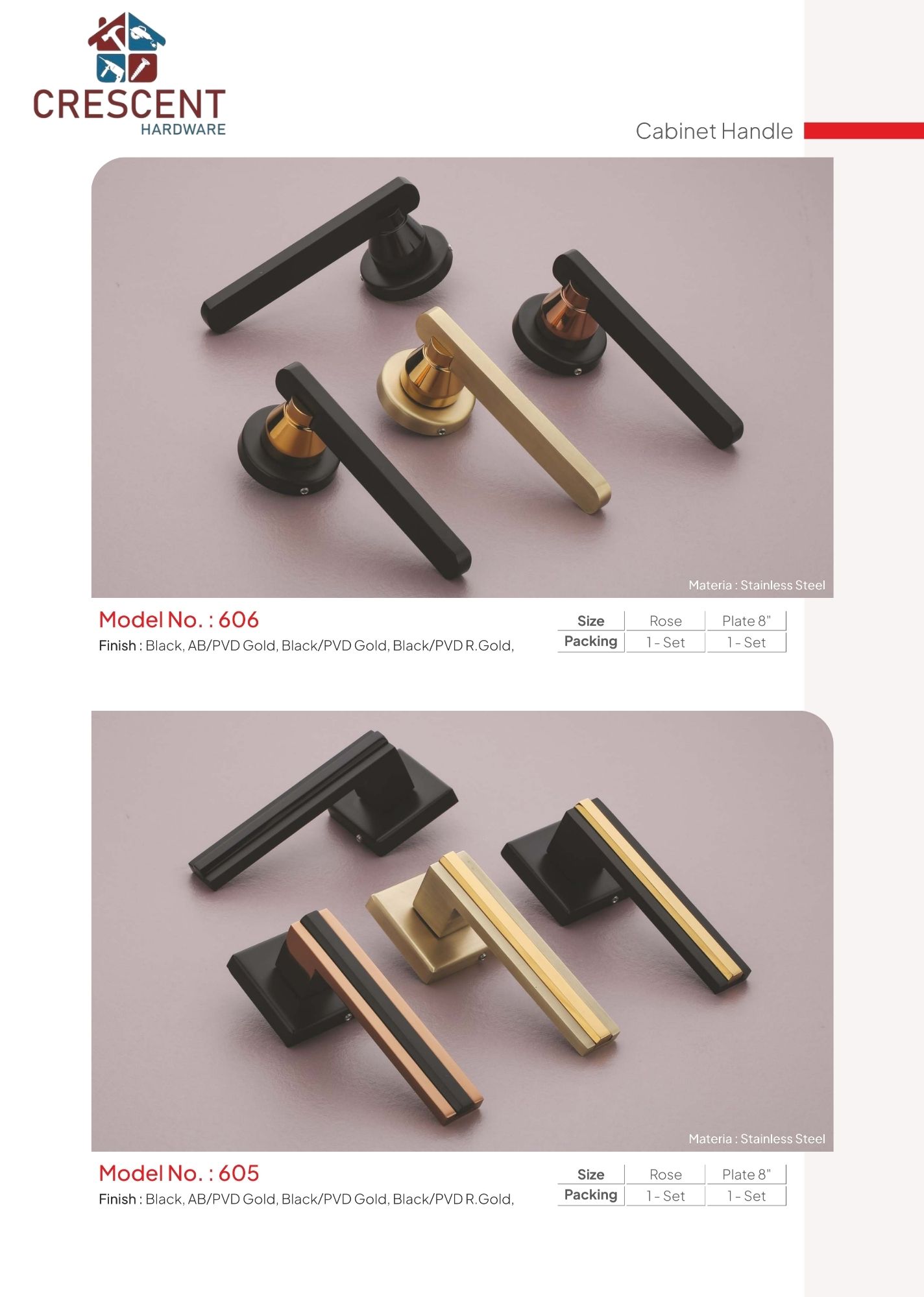 Lever Handles catalogue page - models 607 and 608