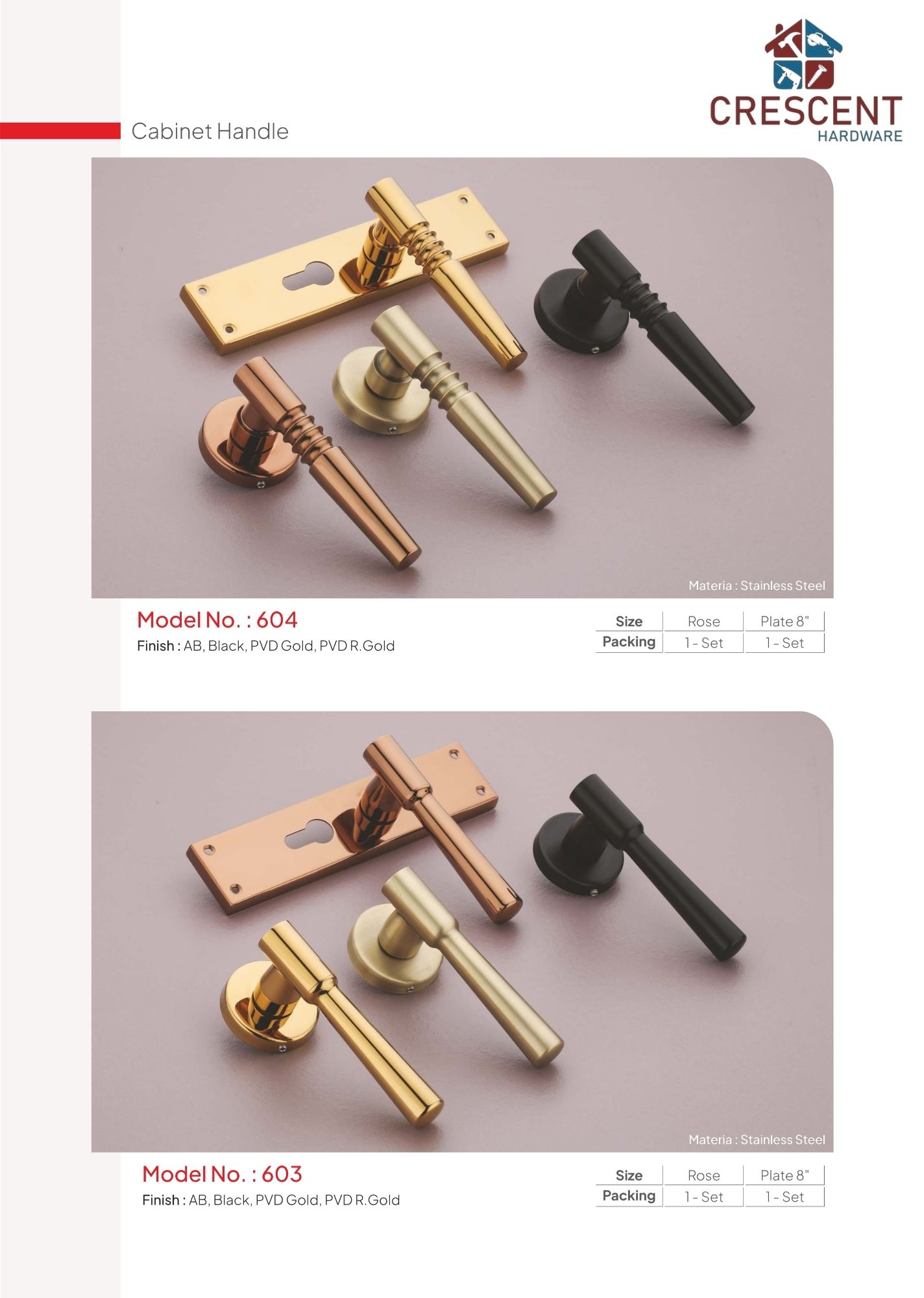 Lever Handles catalogue page - models 605 and 606