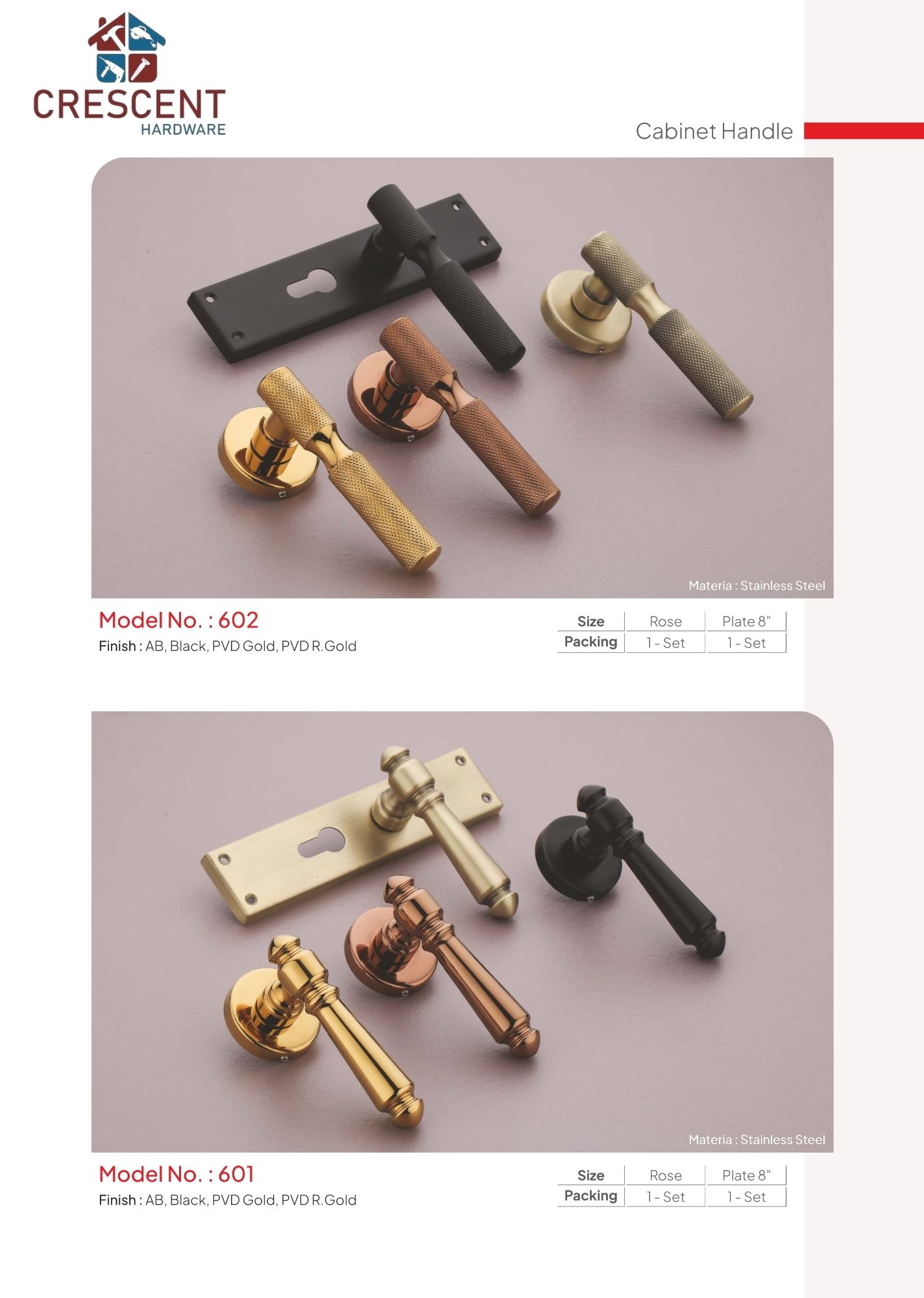 Lever Handles catalogue page - models 603 and 604