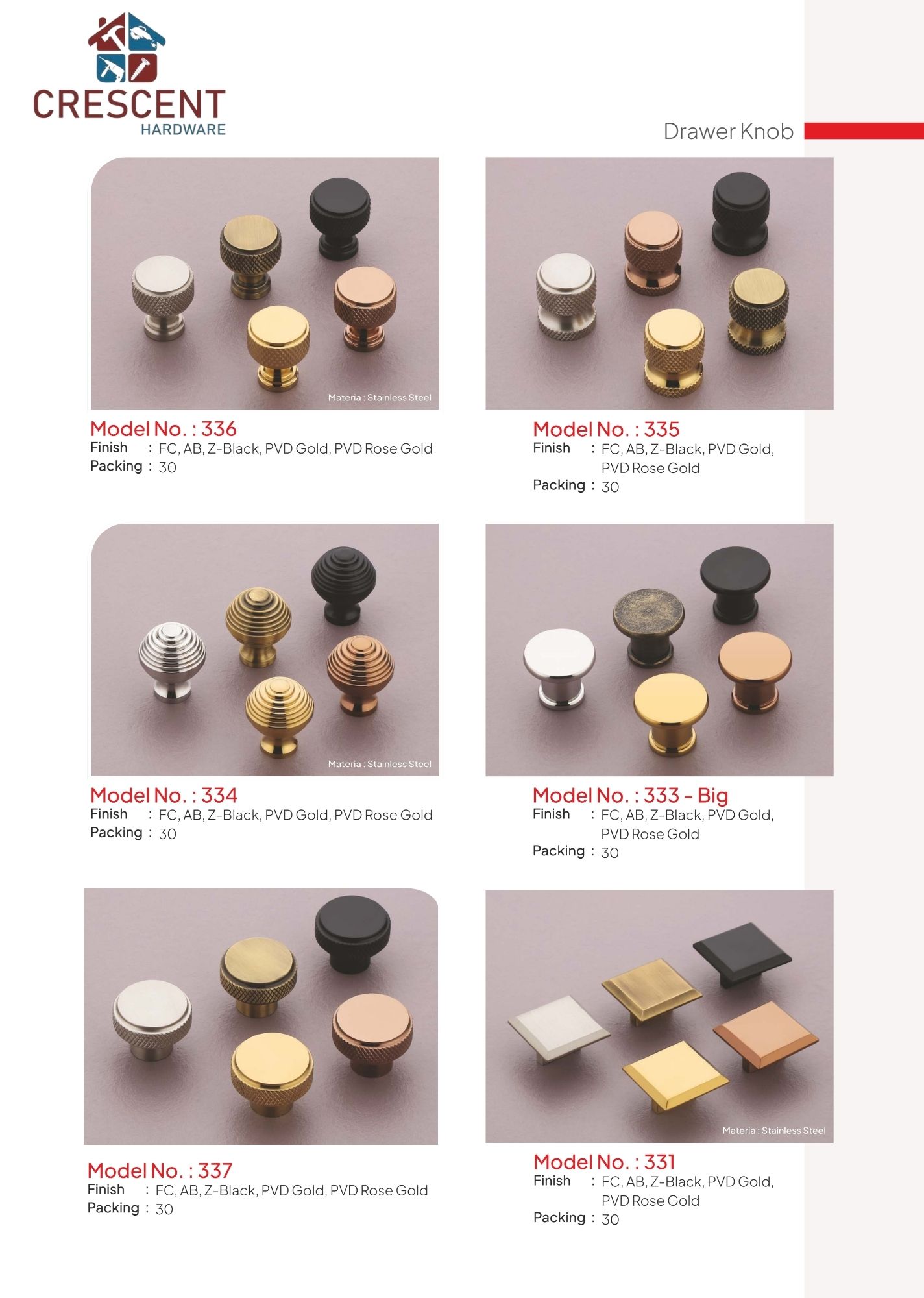 Lever Handles catalogue page - drawer knob models 336, 335, 334, 333, 337 and 331