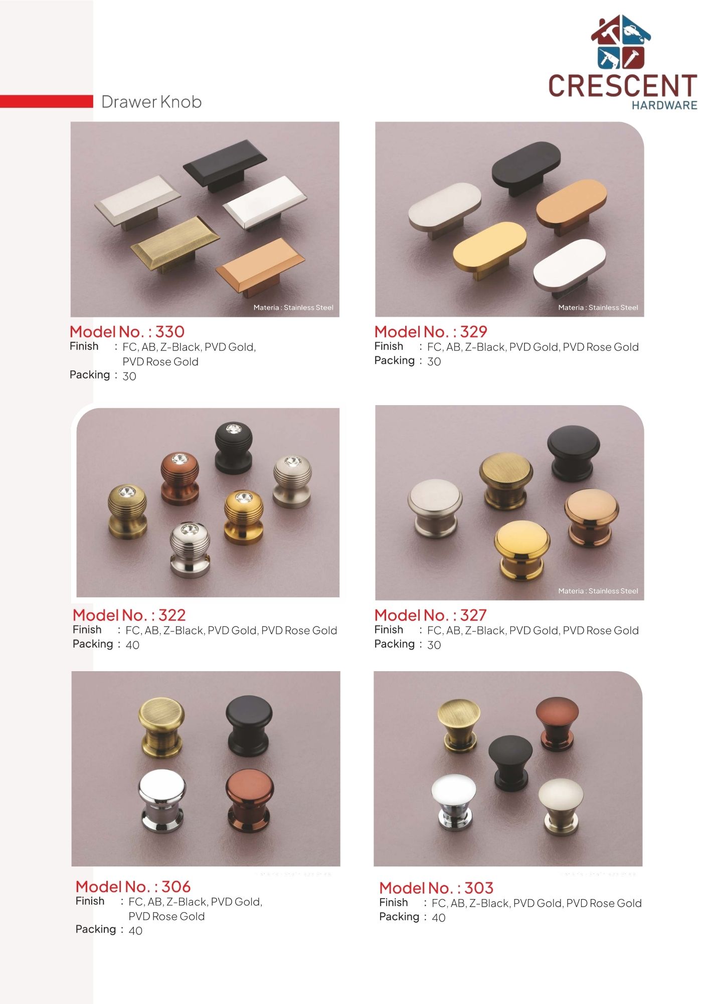 Lever Handles catalogue page - drawer knob models 330, 329, 322, 327, 306 and 303