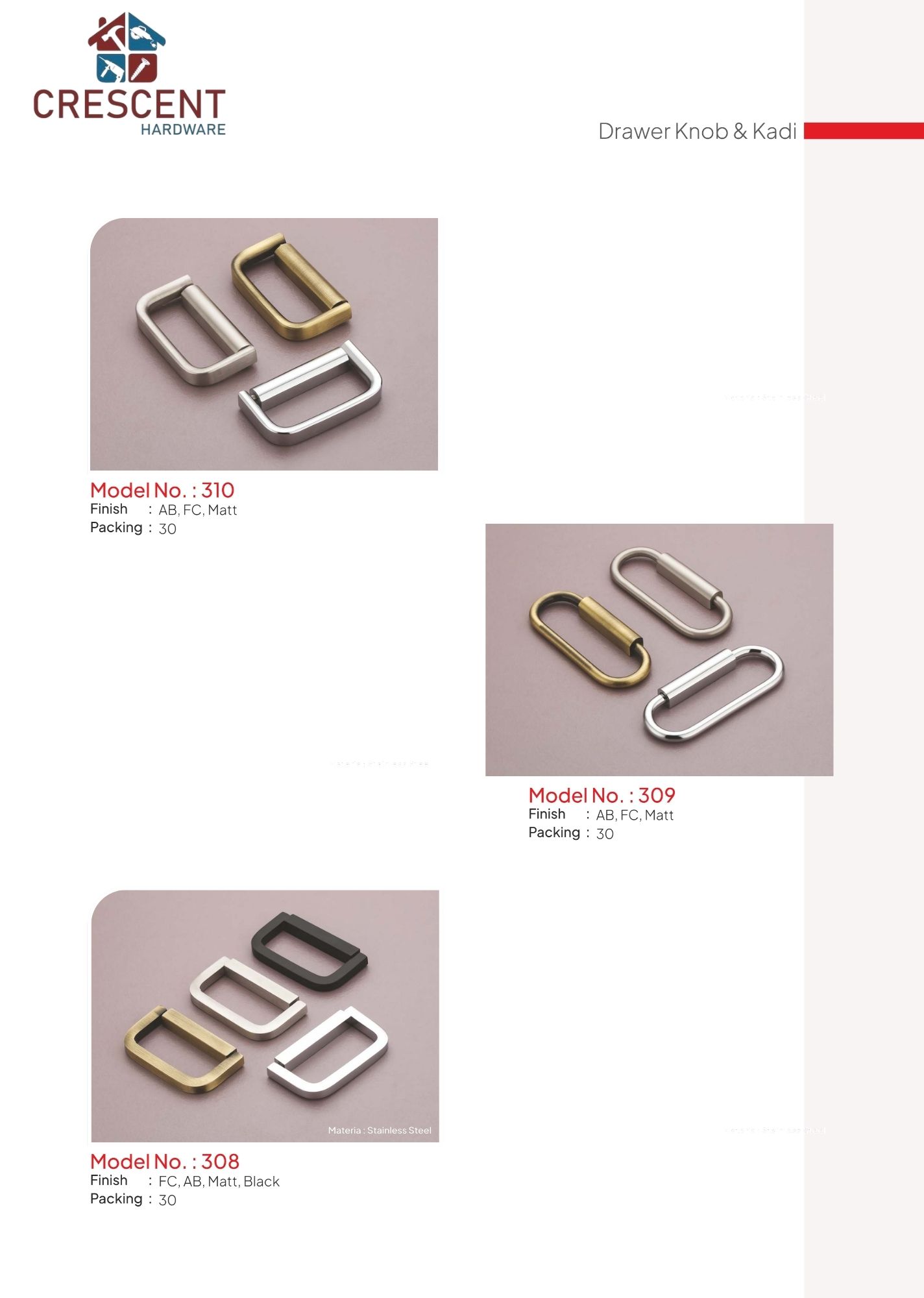 Lever Handles catalogue page - drawer knob and kadi models 310, 309 and 308